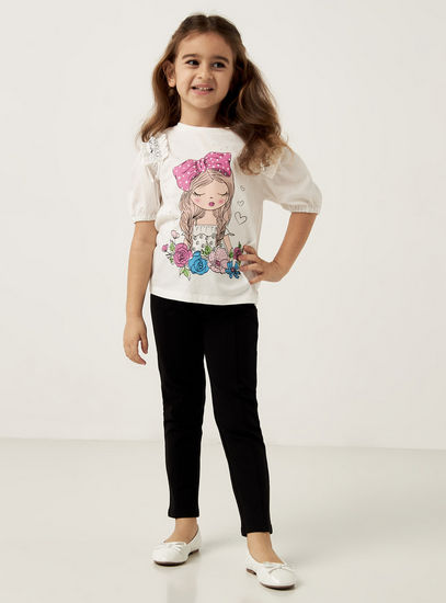 Graphic Print Round Neck T-shirt with Ruffles and Short Sleeves-T-shirts-image-1