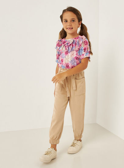 All-Over Floral Print Top with Ruffles and Short Sleeves-Shirts & Blouses-image-1