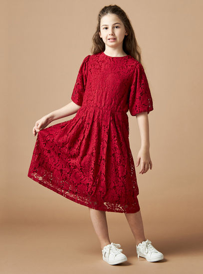 Lace Knee Length Dress with Puff Sleeves-Occasion Dresses-image-0