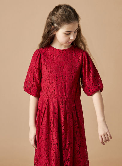 Lace Knee Length Dress with Puff Sleeves-Occasion Dresses-image-1