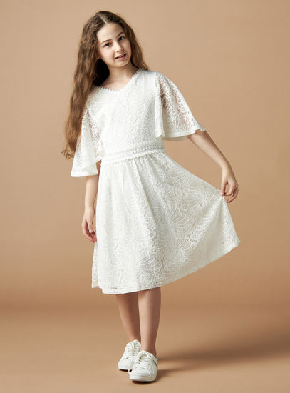 Lace Knee Length Dress with Cape Sleeves-Occasion Dresses-image-0