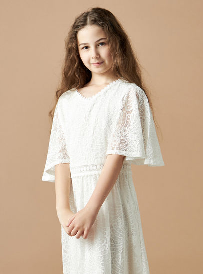 Lace Knee Length Dress with Cape Sleeves-Occasion Dresses-image-1