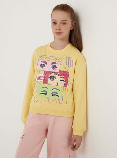 Graphic Print Sweat Top with Round Neck and Long Sleeves