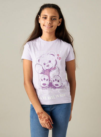 Bear Graphic Print Better Cotton T-shirt with Short Sleeves and Round Neck-T-shirts-image-0