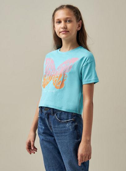 Butterfly Print Cropped T-shirt with Crew Neck and Short Sleeves-T-shirts-image-0