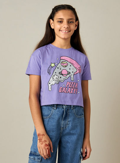 Pizza Galaxy Print Better Cotton Cropped T-shirt with Short Sleeves and Crew Neck