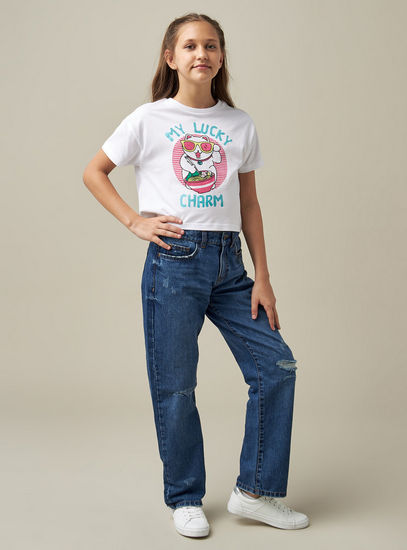 Graphic Print Cropped T-shirt with Crew Neck and Short Sleeves-T-shirts-image-1