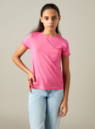 Lace Detail Crew Neck T-shirt with Pocket and Short Sleeves
