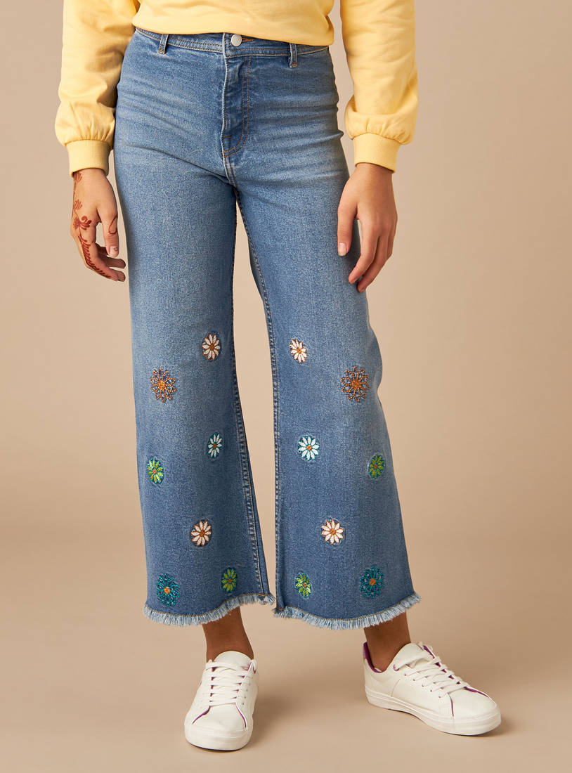 Embroidered Wide Leg Jeans with Button Closure-Jeans-image-0