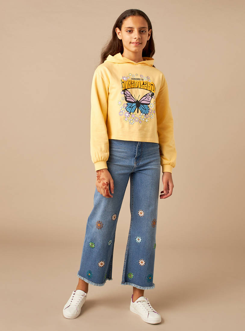 Embroidered Wide Leg Jeans with Button Closure-Jeans-image-1