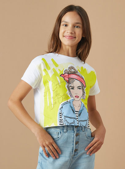Graphic Print T-shirt with Cap Sleeves-T-shirts-image-0