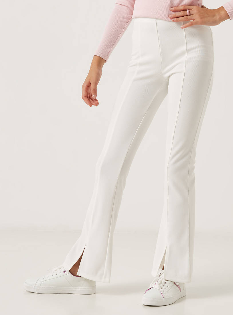 Textured Flared Leg Pants with Elasticated Waistband and Slit Detail-Leggings & Jeggings-image-0