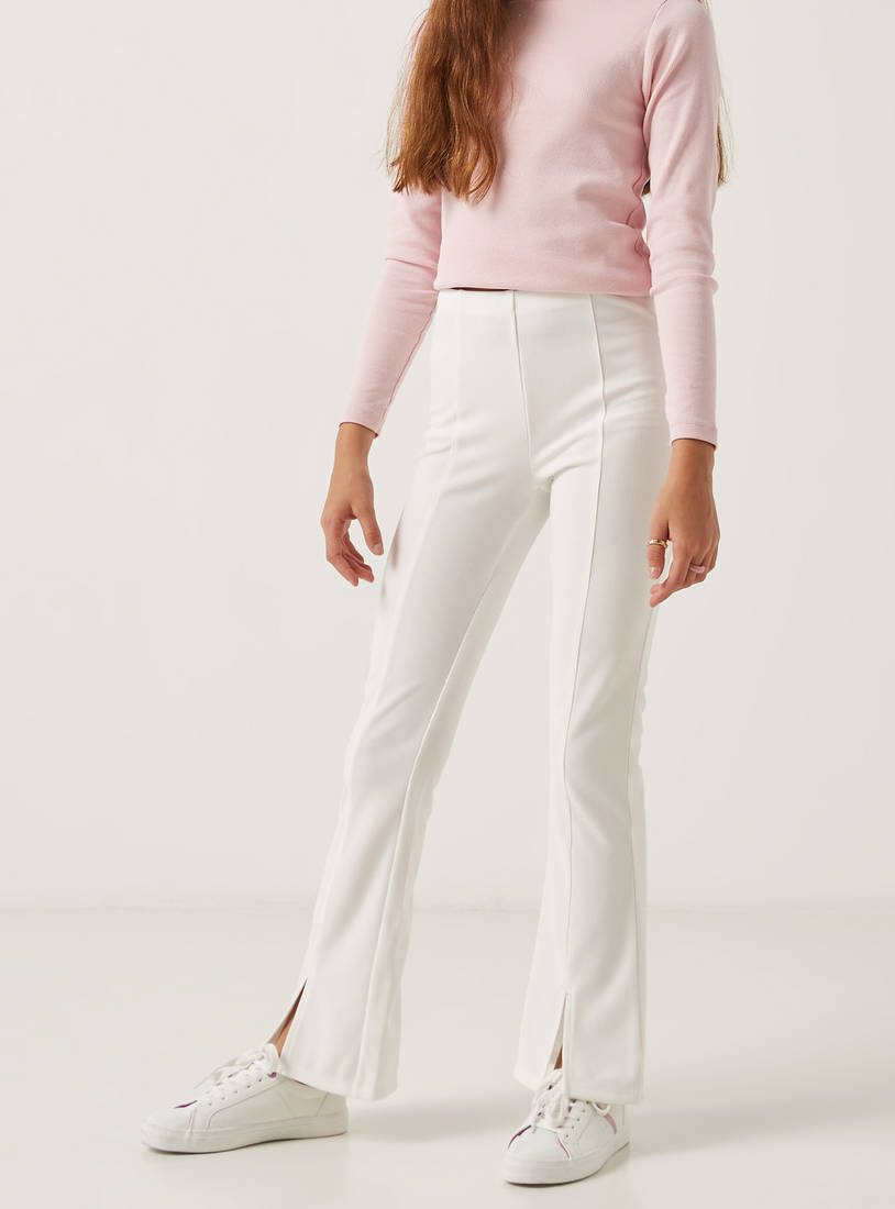 Textured Flared Leg Pants with Elasticated Waistband and Slit Detail-Leggings & Jeggings-image-1