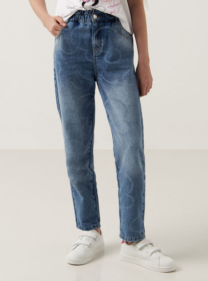 بنطلون جينز بخصر متوسط الارتفاع وطبعات ميكي ماوس وإغلاق بأزرار-ملابس سفلية-image-0
