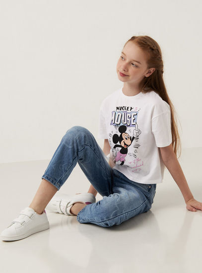 All-Over Mickey Mouse Print Mid-Rise Jeans with Button Closure-Bottoms-image-1