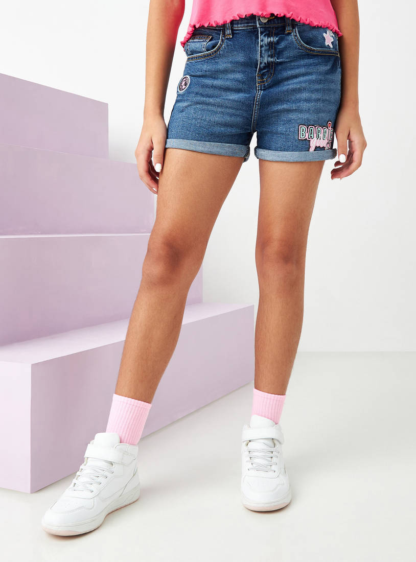 Barbie Applique Denim Shorts-Shorts-image-0