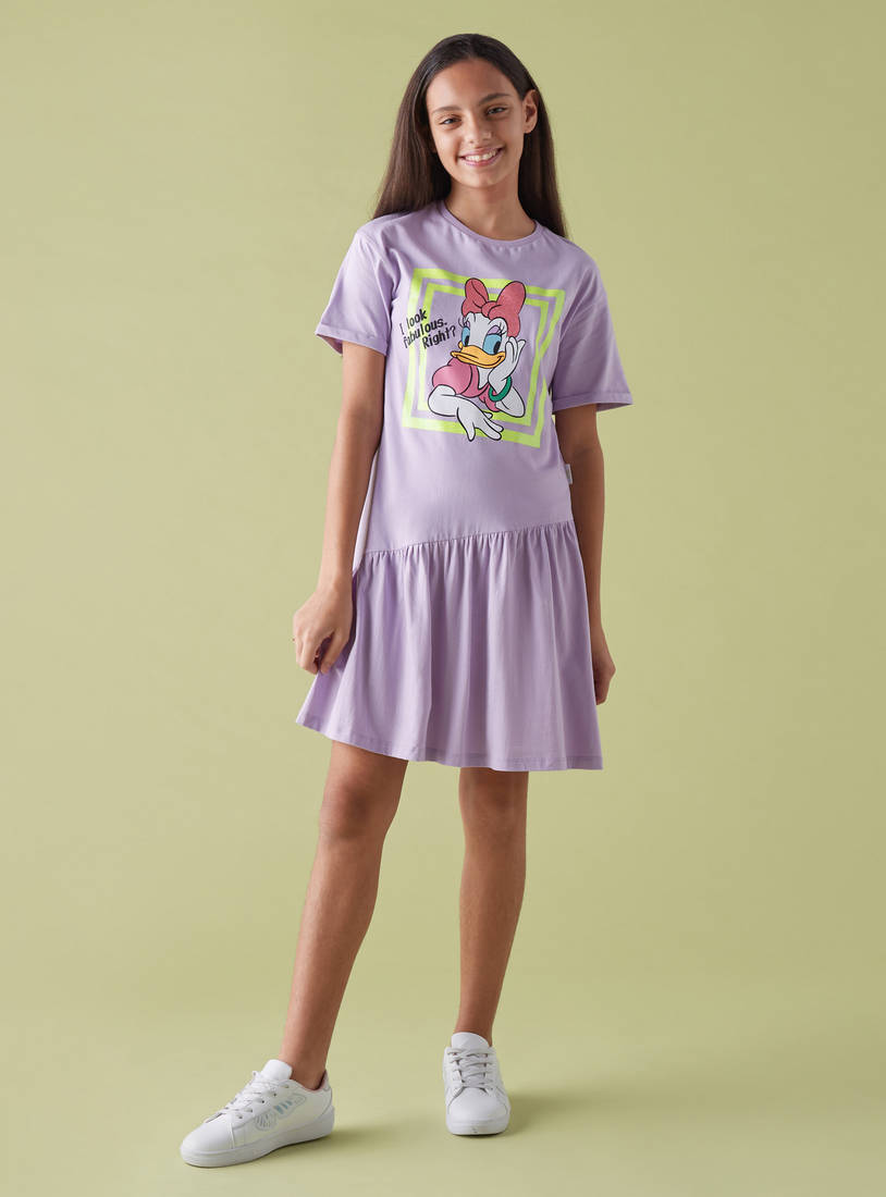 Daisy Duck Glitter Print Dress with Asymmetrical Hem-Casual Dresses-image-0