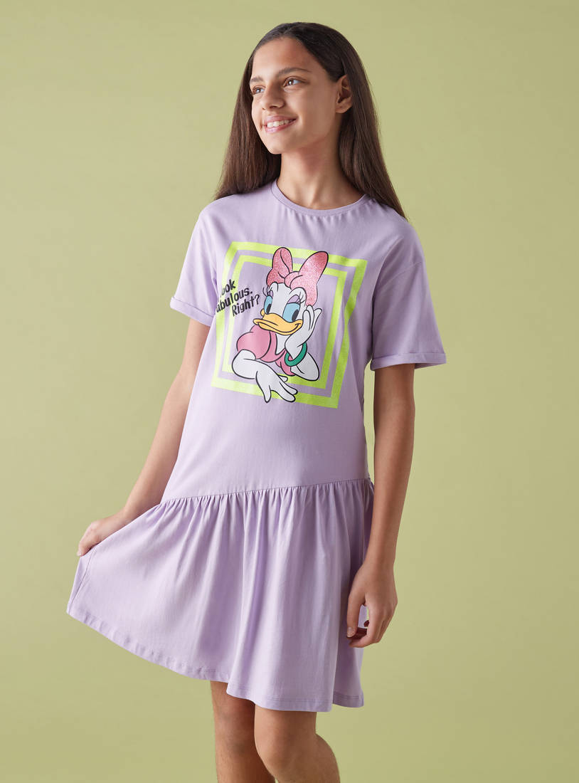 Daisy Duck Glitter Print Dress with Asymmetrical Hem-Casual Dresses-image-1