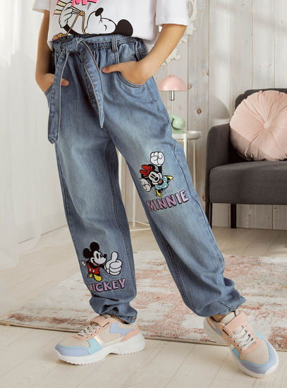 بنطلون جينز بتطريز ميكي وميني ماوس مع حزام ربط-ملابس سفلية-image-0