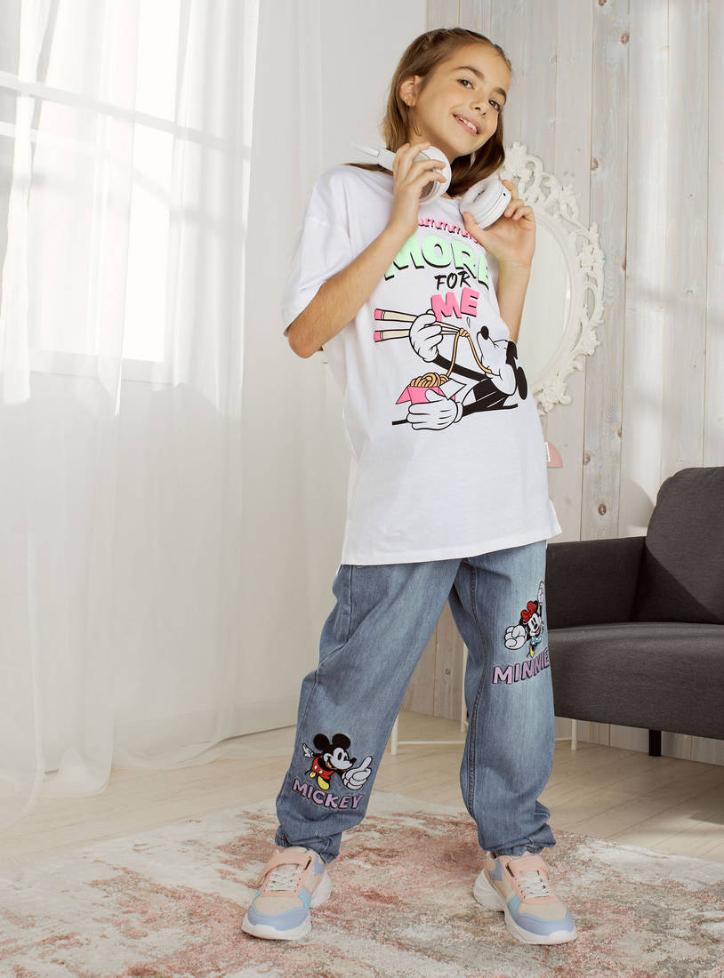 بنطلون جينز بتطريز ميكي وميني ماوس مع حزام ربط-ملابس سفلية-image-1