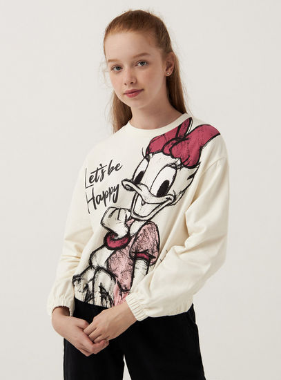 Daisy Print Crew Neck Sweatshirt with Long Sleeves-Hoodies & Sweatshirts-image-0