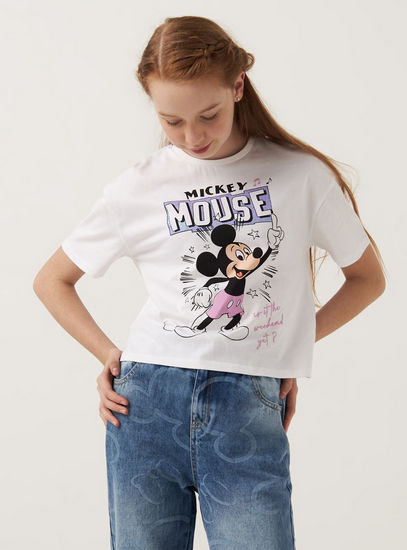Mickey Mouse Print T-shirt with Short Sleeves and Crew Neck-Tops & T-shirts-image-0