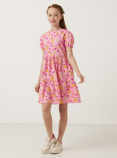فستان بياقة V وأكمام منفوخة وطبعات أزهار-الفساتين الكاجوال-image-0