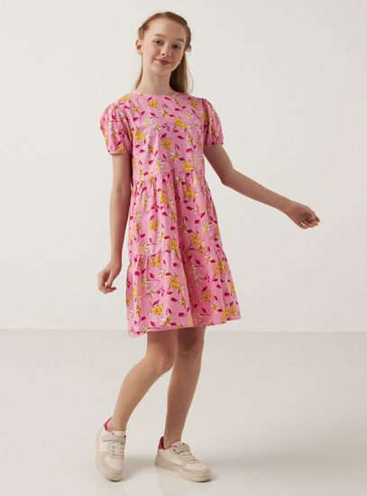 فستان بياقة V وأكمام منفوخة وطبعات أزهار-الفساتين الكاجوال-image-1