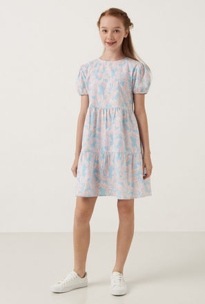 All-Over Floral Print Tiered Dress with Round Neck and Puff Sleeves