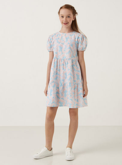 All-Over Floral Print Tiered Dress with Round Neck and Puff Sleeves