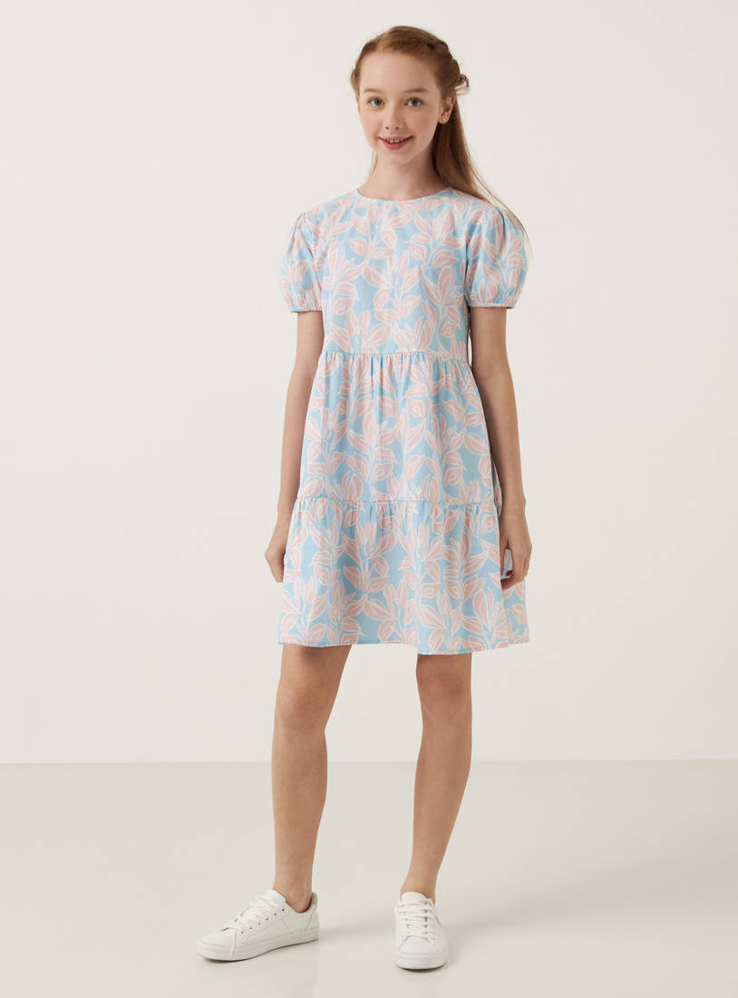 All-Over Floral Print Tiered Dress with Round Neck and Puff Sleeves-Casual Dresses-image-0