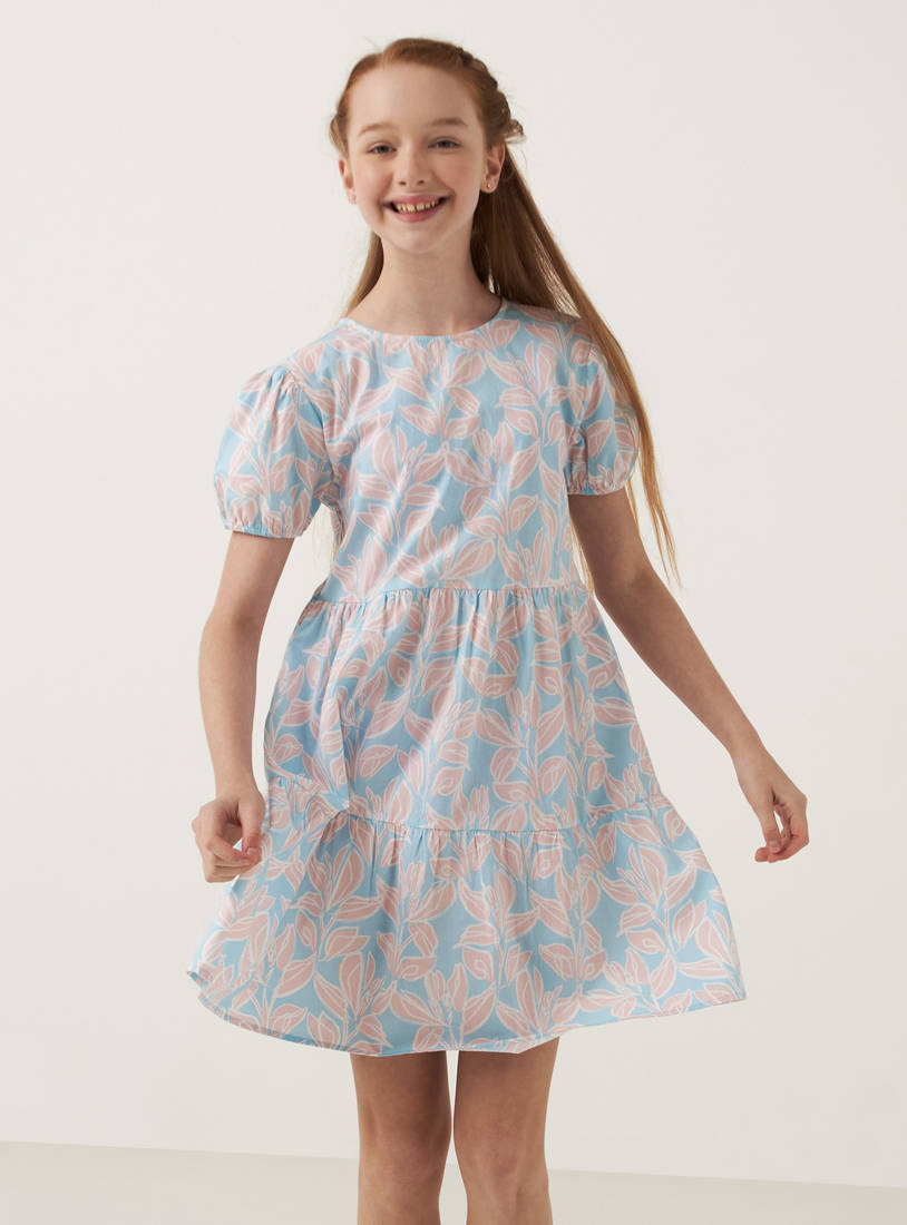 All-Over Floral Print Tiered Dress with Round Neck and Puff Sleeves-Casual Dresses-image-1