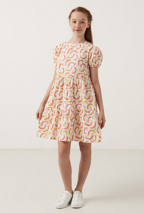 All-Over Print Tiered Dress with Round Neck and Puff Sleeves