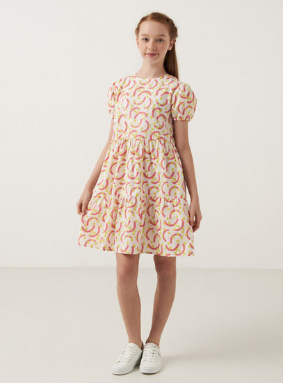 All-Over Print Tiered Dress with Round Neck and Puff Sleeves-Casual Dresses-image-0