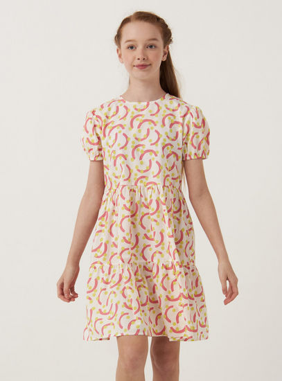 All-Over Print Tiered Dress with Round Neck and Puff Sleeves
