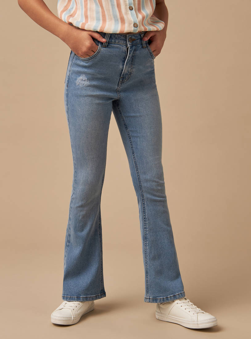 Solid Mid-Rise Flare Leg Jeans with Button Closure and Pockets-Jeans-image-0