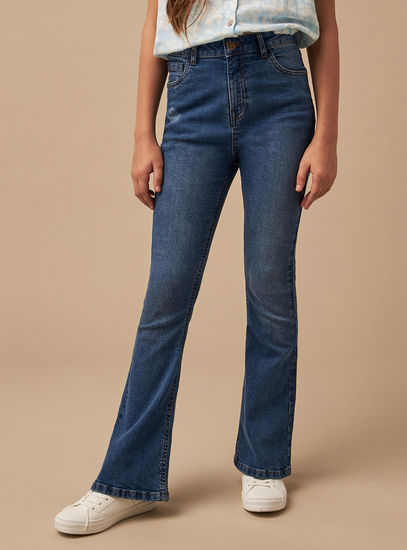 Solid Mid-Rise Flare Leg Jeans with Button Closure and Pockets-Jeans-image-0