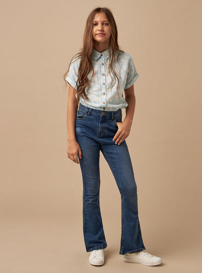 Solid Mid-Rise Flare Leg Jeans with Button Closure and Pockets-Jeans-image-1