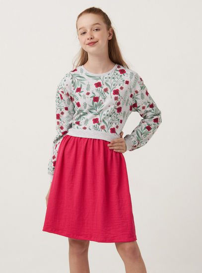 Floral Print Mix Media Dress with Long Sleeves