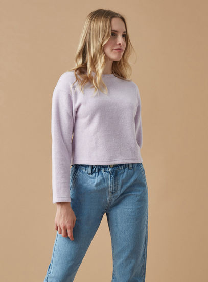 Textured Boxy Sweater with Round Neck and Long Sleeves