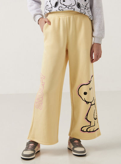 Snoopy Print Better Cotton Wide Leg Pants with Elasticised Waistband and Pockets-Trousers-image-0