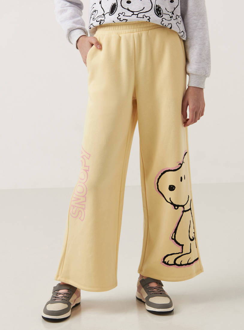 Snoopy Print Better Cotton Wide Leg Pants with Elasticised Waistband and Pockets-Bottoms-image-0