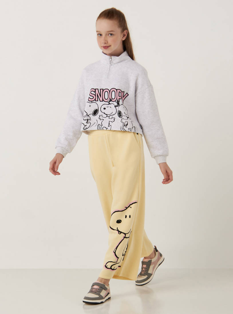 Snoopy Print Better Cotton Wide Leg Pants with Elasticised Waistband and Pockets-Bottoms-image-1