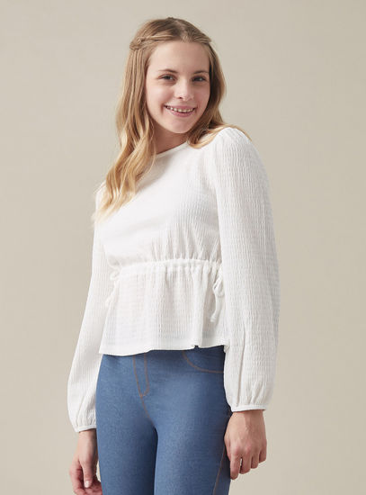 Textured Round Neck Top with Crinkle Detail and Long Sleeves-Shirts & Blouses-image-0