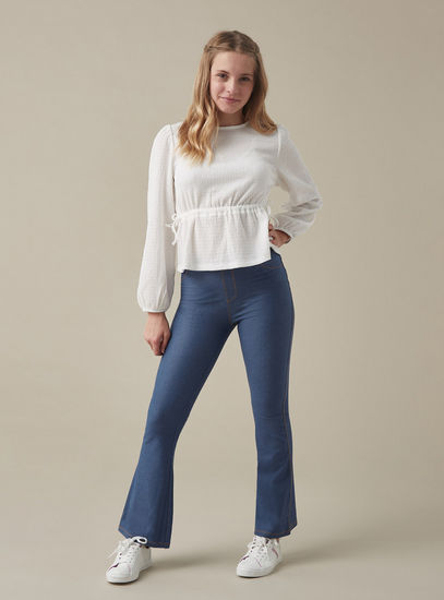 Textured Round Neck Top with Crinkle Detail and Long Sleeves