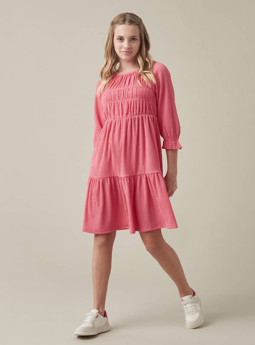 Solid Crinkled Dress with Round Neck and Long Sleeves-Casual Dresses-image-1