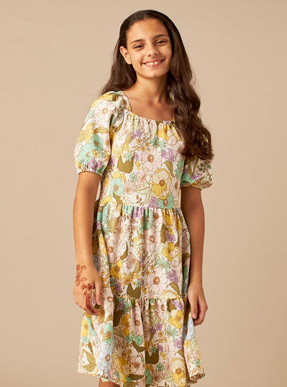 All-Over Floral Print Tiered Dress with Short Sleeves-Casual Dresses-image-0