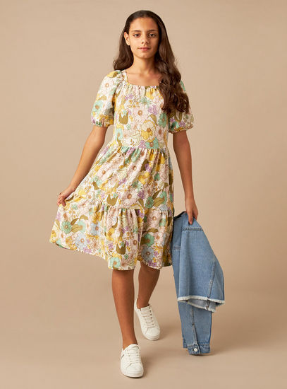 All-Over Floral Print Tiered Dress with Short Sleeves-Casual Dresses-image-1