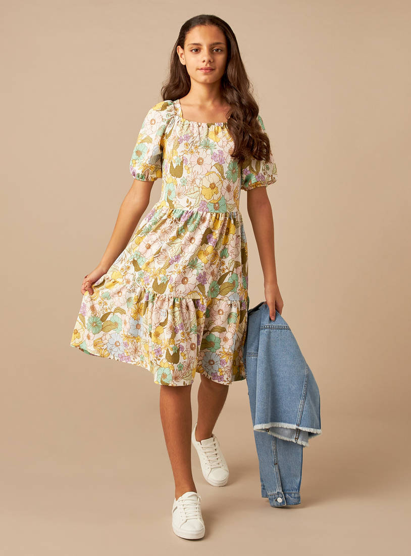 All-Over Floral Print Tiered Dress with Short Sleeves-Casual Dresses-image-1