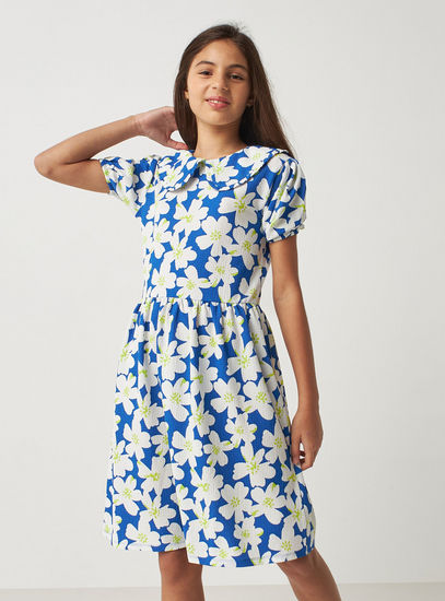 All-Over Floral Print Crinkled A-line Dress with Peter Pan Collar-Occasion Dresses-image-0